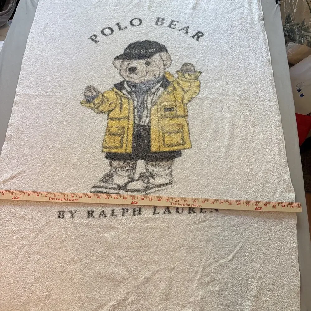VTG 90s Polo Ralph Lauren Bear Beach Towel Yellow Raincoat USA Oversize 36x66
